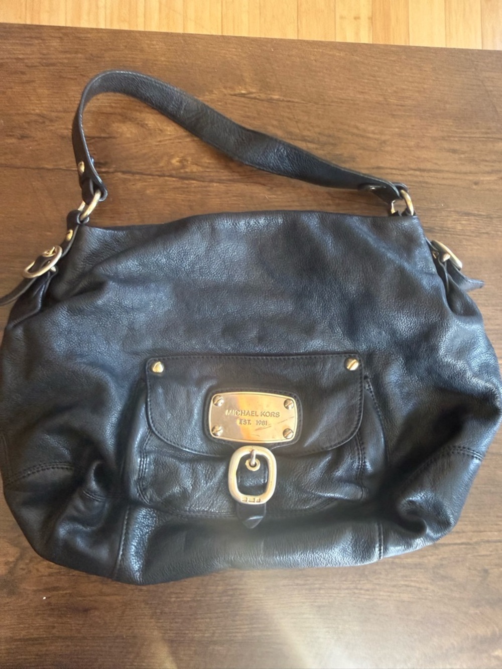 Michael Kors Black Leather Shoulder Bag with Gold Plaque